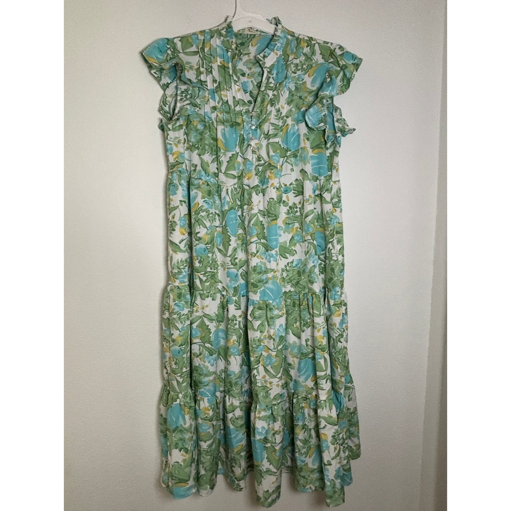 Shop the Mint Floral Tiered Midi Dress Green Blue Ruffle Sleeve Large